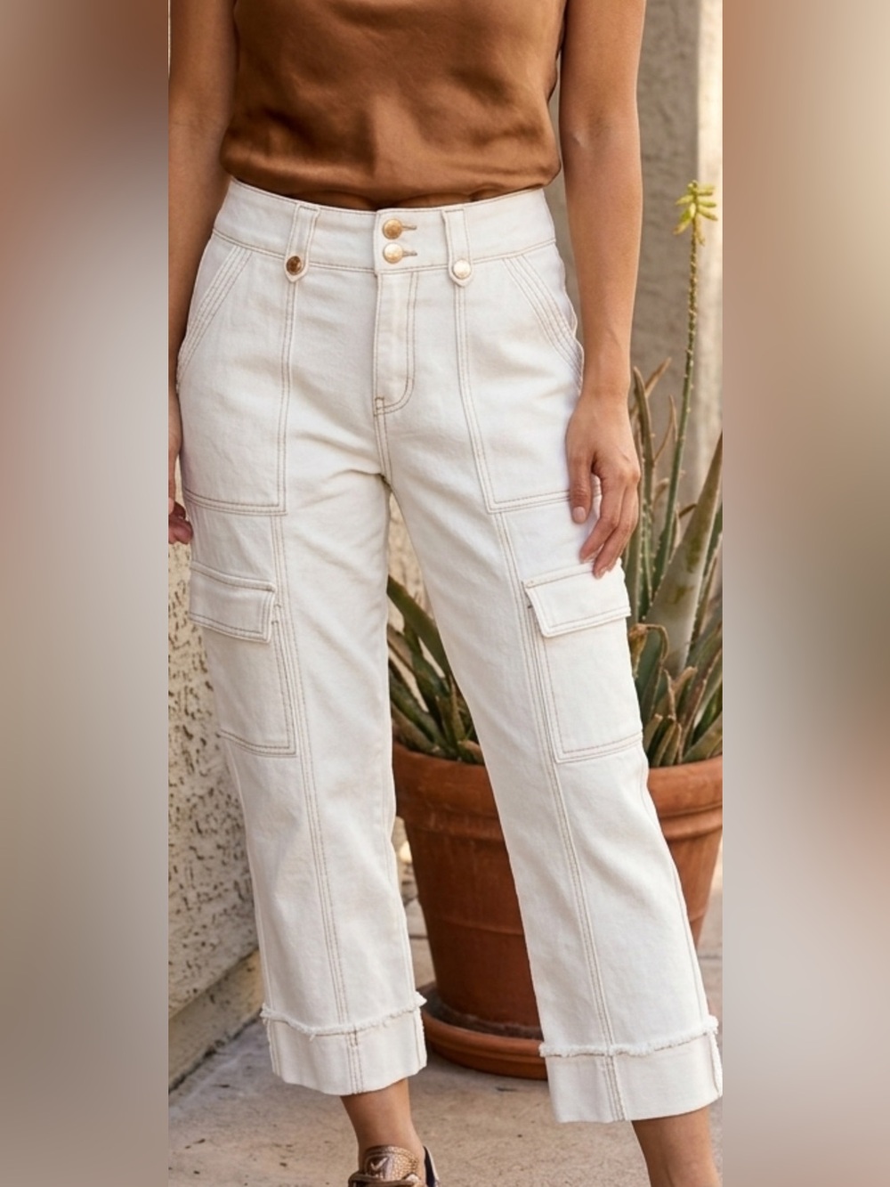 Indigo Poppy Size 14 Ivory High-Rise Paneled Cargo Crop Utility Jeans NWT NEW